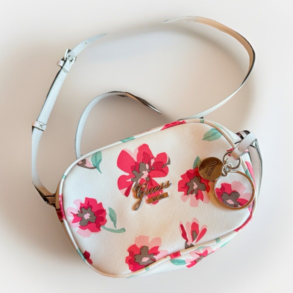 Guess Poppy Floral Shoulder Bag Logo Pink, Fuschia, White With Cheetah Lining